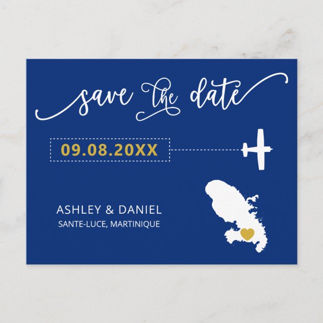 Navy Martinique Wedding Save the Date Map Postcard (Front)