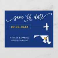 Navy Maryland Wedding Save the Date Map Postcard