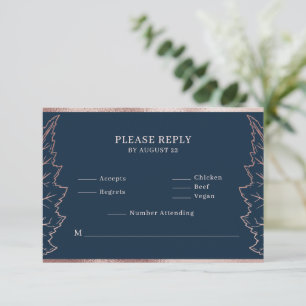 Navy Matt Rose Gold Leaves Wedding RSVP Card