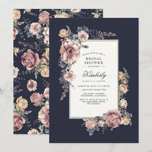 Navy Mauve Elegant Vintage Floral Bridal Shower Invitation