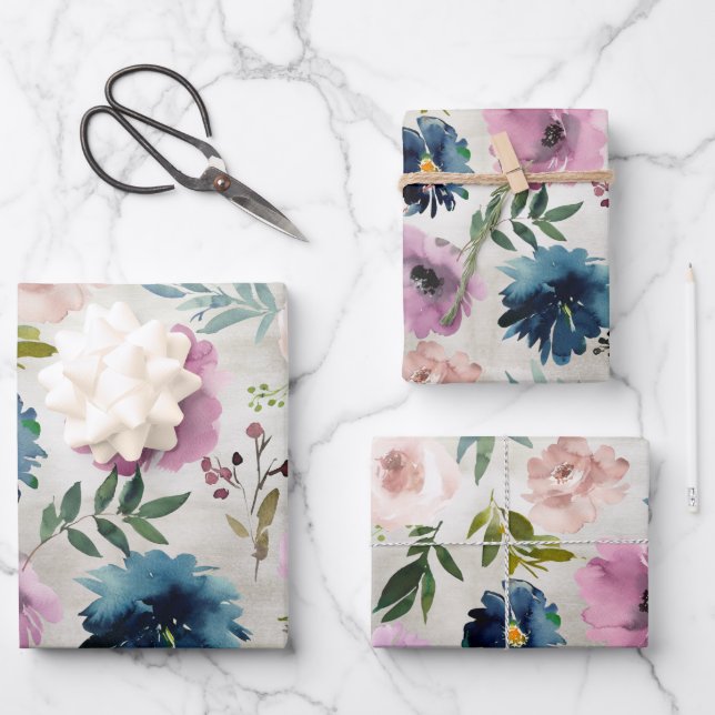 Navy & Mauve Peony Garden Wrapping Paper Sheet (Front)