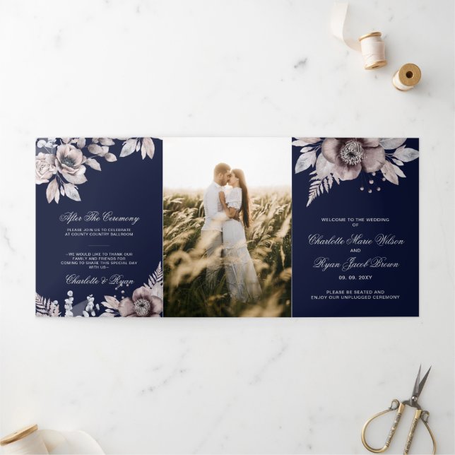 Navy Mauve Rustic Floral Photo Wedding  Tri-Fold Programme (Outside)