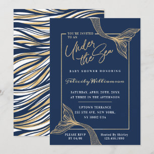 Navy Mermaid Under The Sea Baby Shower Invitation
