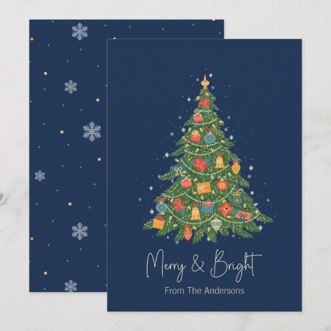 Navy Merry and Bright Christmas Tree Holiday Card (Front/Back)
