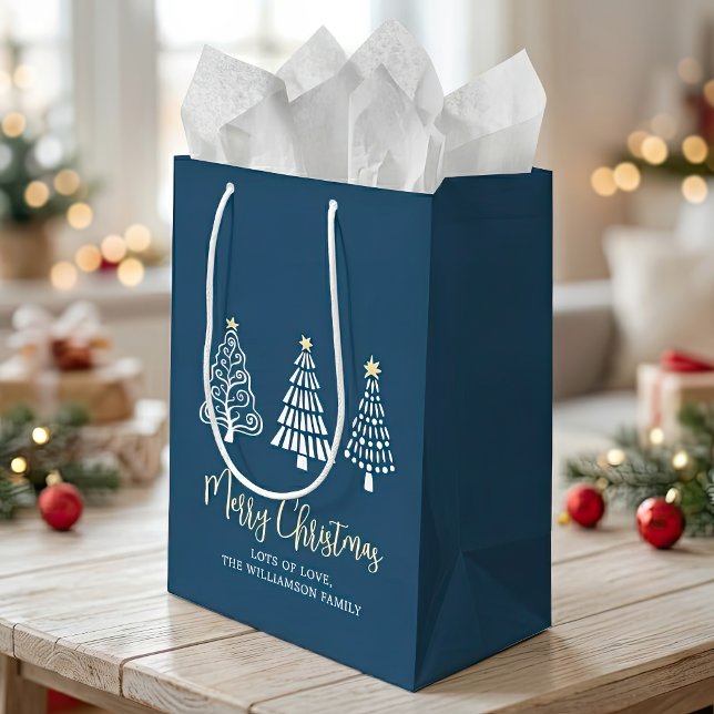 Navy Merry Christmas 3 Trees Script Name Whimsical Medium Gift Bag (Creator Uploaded)