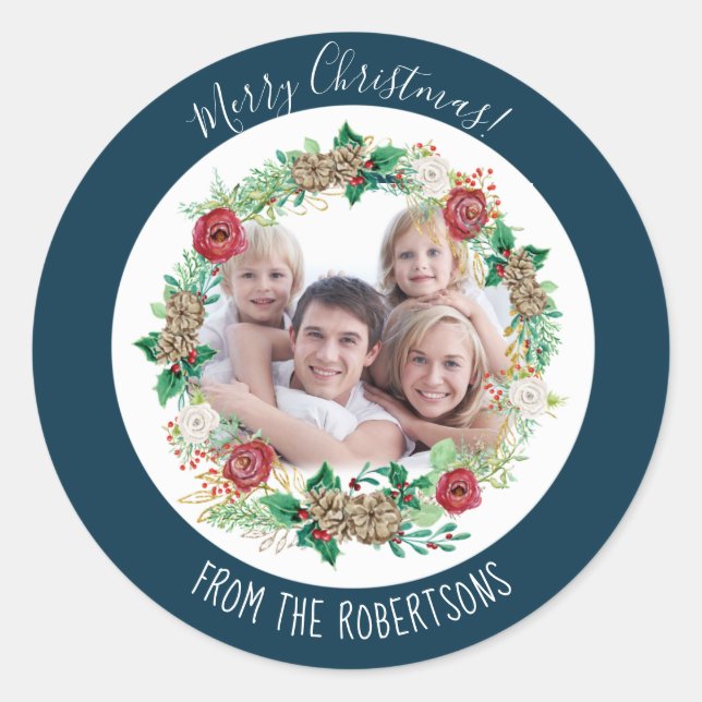 Navy Merry Christmas Floral Wreath Family Photo Classic Round Sticker (Front)