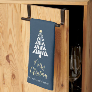 Navy Merry Christmas Script 3 Trees Simple Custom Kitchen Towel