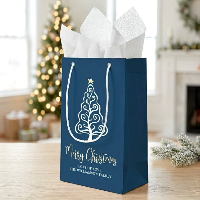 Navy Merry Christmas Tree Script Name Whimsical Small Gift Bag (Creator Uploaded)
