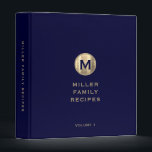 Navy Metallic Gold Monogram Family Recipe Binder<br><div class="desc">Modern recipe binder features a brushed gold metallic monogram on a classic navy blue background. Custom family name presented in the centre in stylish simple classic block typography with a complimentary metallic gold monogram medallion. Shown with a custom name and monogram initial on the front in modern typography, this personalized...</div>