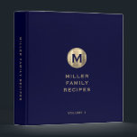 Navy Metallic Gold Monogram Family Recipe Binder<br><div class="desc">Modern recipe binder features a brushed gold metallic monogram on a classic navy blue background. Custom family name presented in the centre in stylish simple classic block typography with a complimentary metallic gold monogram medallion. Shown with a custom name and monogram initial on the front in modern typography, this personalized...</div>