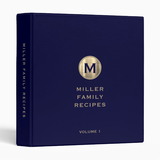 Navy Metallic Gold Monogram Family Recipe Binder (Front/Spine)