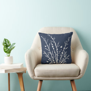 Navy Minimal Butterflies and Branches Modern  Throw Pillow