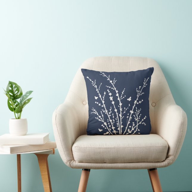 Navy Minimal Butterflies and Branches Modern  Throw Pillow (Chair)
