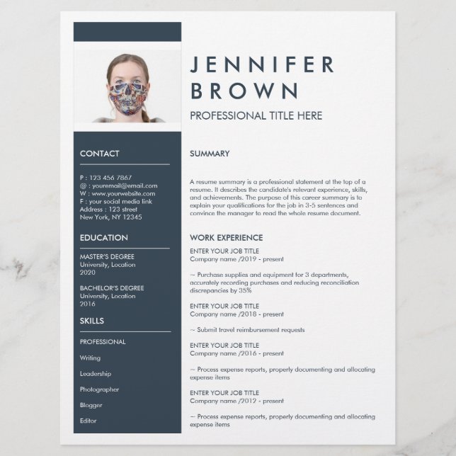 Navy Minimal Resume CV with Photography (Front)