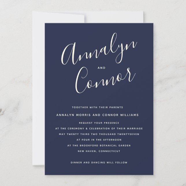 Navy Minimalist Script | Modern Elegant Wedding Invitation (Front)