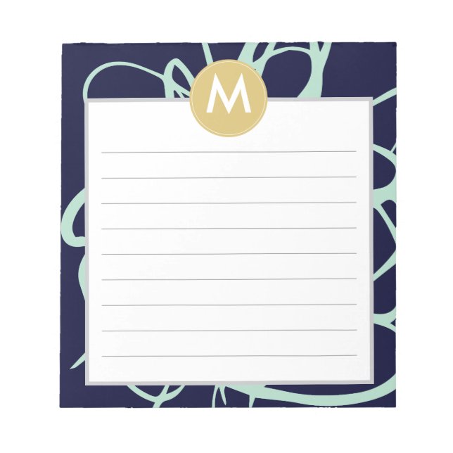Navy & Mint Brushstrokes Monogram Initial Notepad (Front)