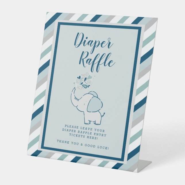 Navy & Mint Elephant Baby Shower Diaper Raffle Pedestal Sign (Front)