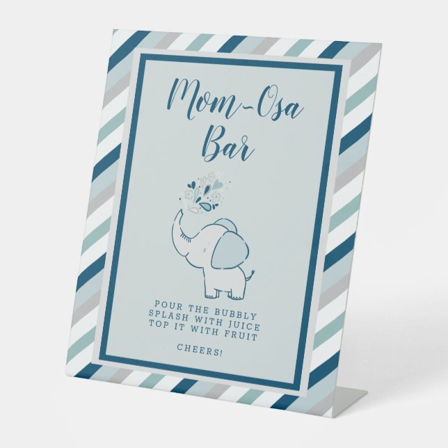 Navy & Mint Green Mom-Osa Bar Elephant Baby Shower Pedestal Sign (Front)
