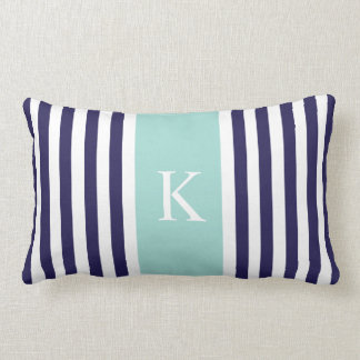 Navy Mint Green Stripes Monogram Lumbar Pillow