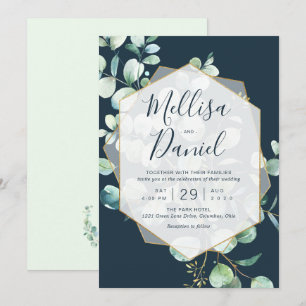 Navy & Mint Greenery with Geometric Frame Invitation