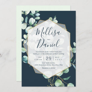 Navy & Mint Greenery with Geometric Frame Invitation