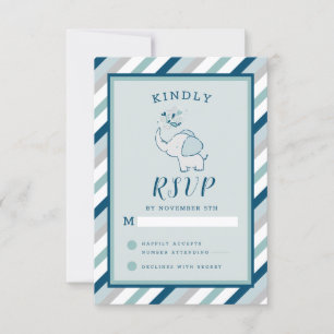 Navy Mint & Grey Cute Elephant Baby Girl RSVP Card