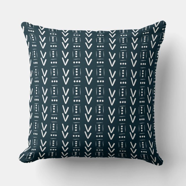 Navy Modern Arrow Mud Cloth Print Accent Throw Pillow (Front)