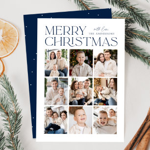 Navy Modern Christmas 9 Photo Collage Holiday Card