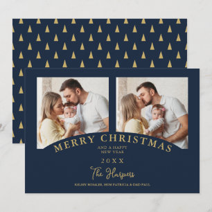 Navy Modern Elegant Chic Christmas 2 Photos Family Invitation