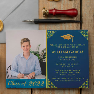 Navy Modern Graduation Golden Script With Photo Invitation