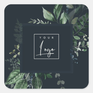 Navy Modern Green Leafy Tropical Foliage Fern Logo Square Sticker