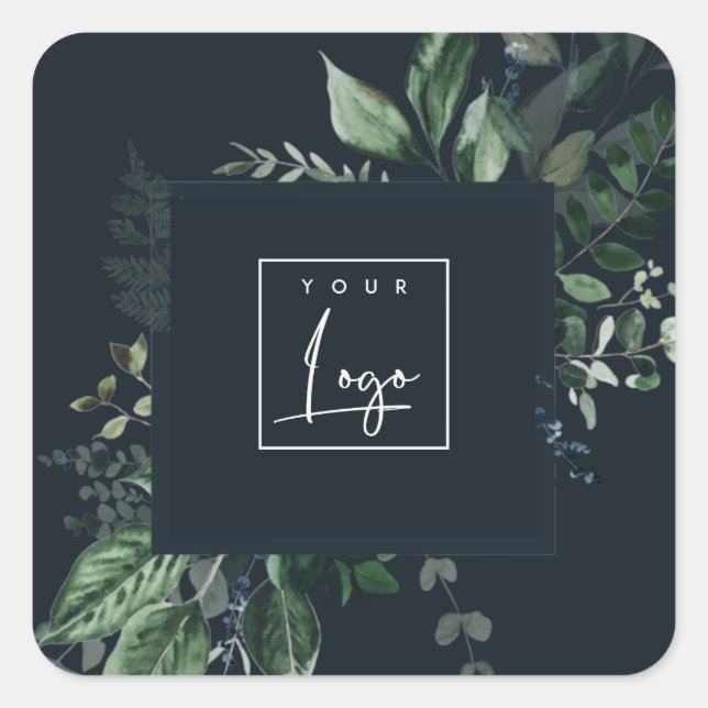 Navy Modern Green Leafy Tropical Foliage Fern Logo Square Sticker (Front)