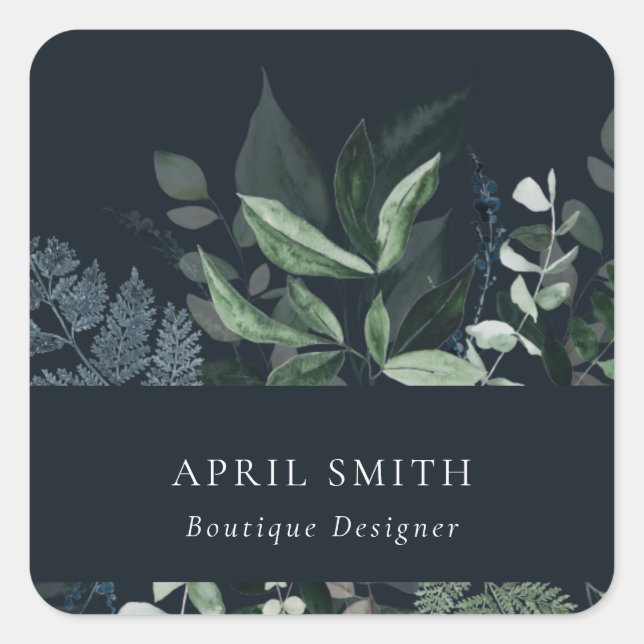 Navy Modern Green Leafy Tropical Foliage Fern Square Sticker (Front)
