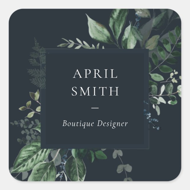 Navy Modern Green Leafy Tropical Foliage Fern Square Sticker (Front)