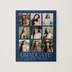 Navy Modern Grid 9 Photo Collage Graduation Jigsaw Puzzle