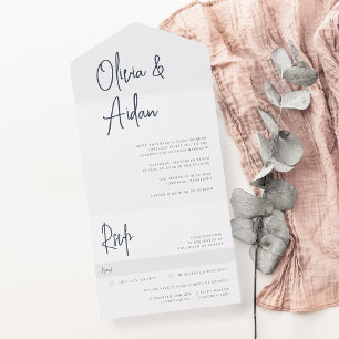 Navy Modern Handwritten Script Wedding All In One Invitation