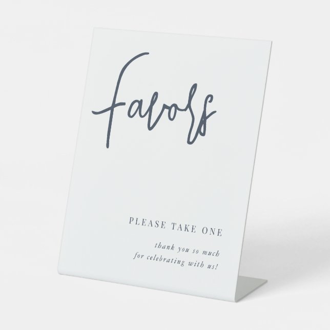 Navy | Modern Handwritten Script Wedding Favours Pedestal Sign (Front)