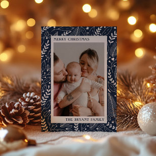 Navy Modern Holly and Leaves Artwork Frame Holiday Card