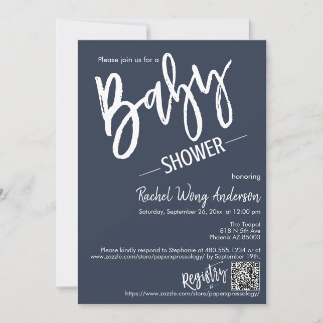 Navy Modern Minimalist Script Baby Shower QR Code Invitation (Front)