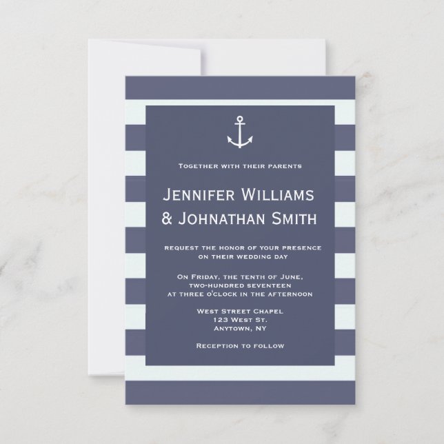Navy modern nautical wedding invitations (Front)