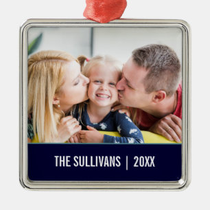Navy Modern Personalized Photo and custom text Metal Ornament