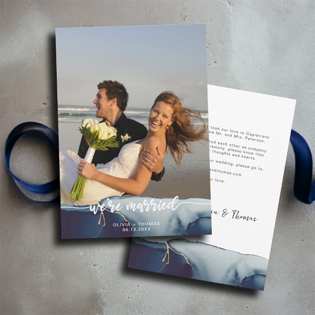 Navy Modern Photo Beach Elopement Announcement (navy blue modern beach elopement photo announcement minimalist simple calligraphy elegant bohemian)