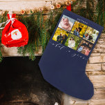 Navy Modern Photo Collage Calligraphy What a Year Small Christmas Stocking<br><div class="desc">This modern six-photo collage stocking features hand-lettered "what a year" along with a monogram name.</div>