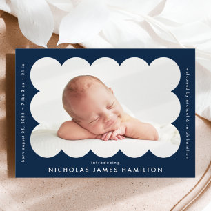 Navy Modern Scalloped Photo Frame Birth Announcement