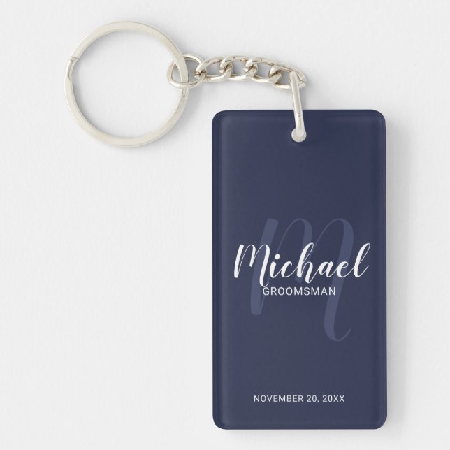 Navy Modern Script Personalized Groomsmen Keychain (Front)