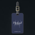 Navy Modern Script Personalized Groomsmen Luggage Tag<br><div class="desc">Add a personal touch to your wedding with personalized groomsmen luggage tag. This luggage tag features personalized groomsmen's name in white modern script font style and monogram in light navy blue modern script font style as background with title and wedding date in white modern sans serif font style on navy...</div>
