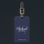 Navy Modern Script Personalized Groomsmen Luggage Tag<br><div class="desc">Add a personal touch to your wedding with personalized groomsmen luggage tag. This luggage tag features personalized groomsmen's name in white modern script font style and monogram in light navy blue modern script font style as background with title and wedding date in white modern sans serif font style on navy...</div>