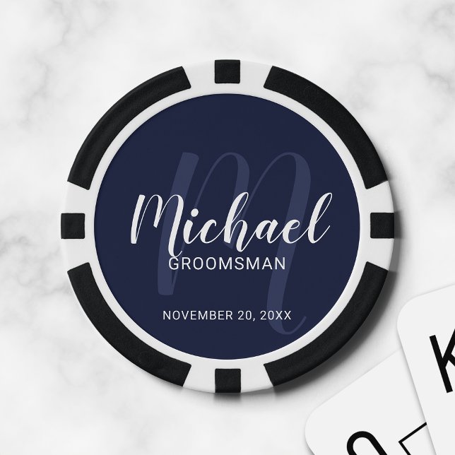 Navy Modern Script Personalized Groomsmen Poker Chips (Creator Uploaded)