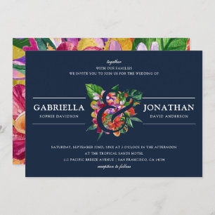 Navy Modern Tropical Bouquet Wedding Invitation