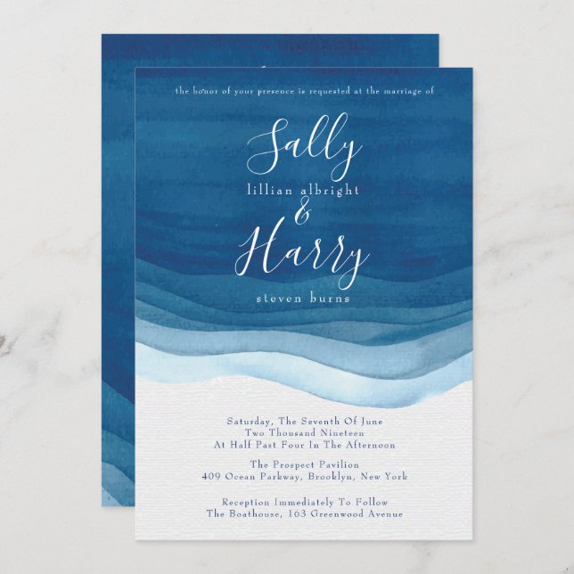 Navy, Modern Watercolor Waves Wedding Invitation (Front/Back)